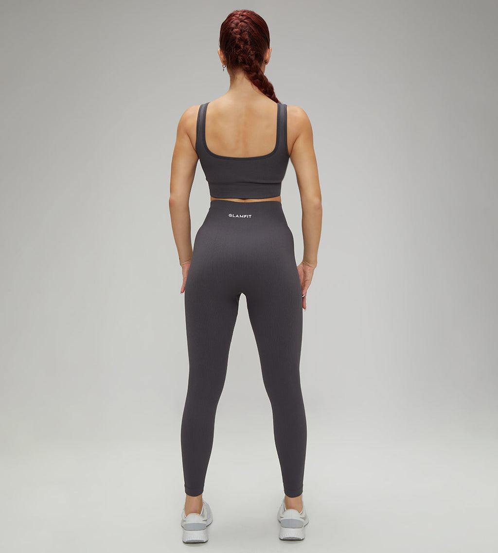 Hot Selling Ribbed Seamless High Waisted Legging, Shorts and Padded Sportswear 4pcs Gym Fashion Set Grey