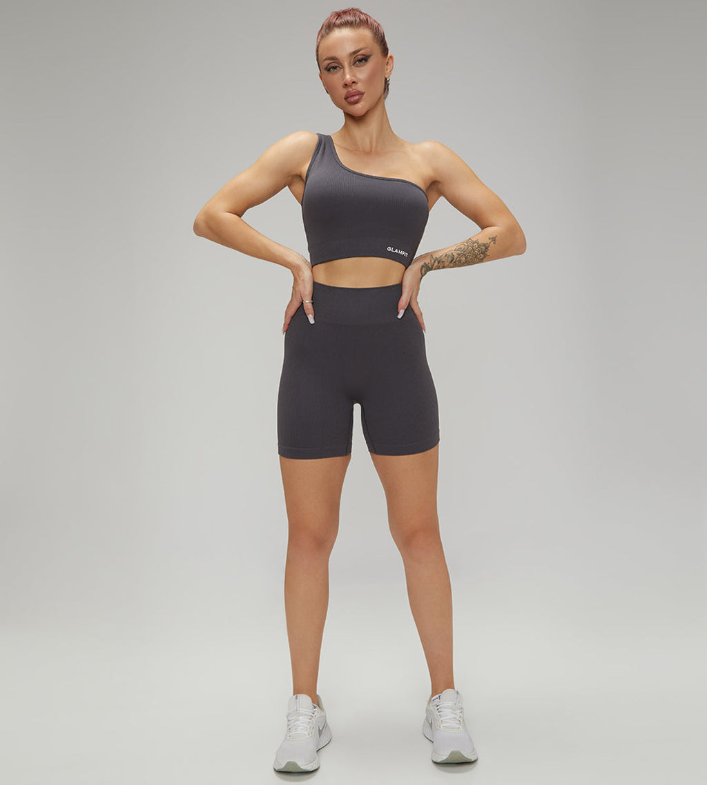Hot Selling Ribbed Seamless High Waisted Legging, Shorts and Padded Sportswear 4pcs Gym Fashion Set Grey