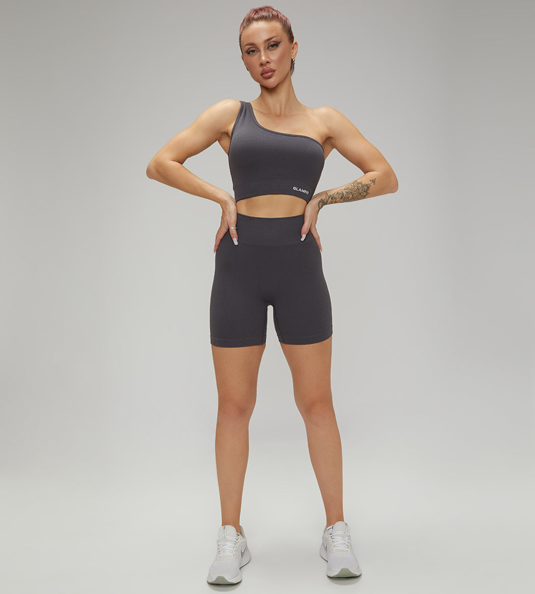 Hot Selling Ribbed Seamless High Waisted Legging, Shorts and Padded Sportswear 4pcs Gym Fashion Set Grey