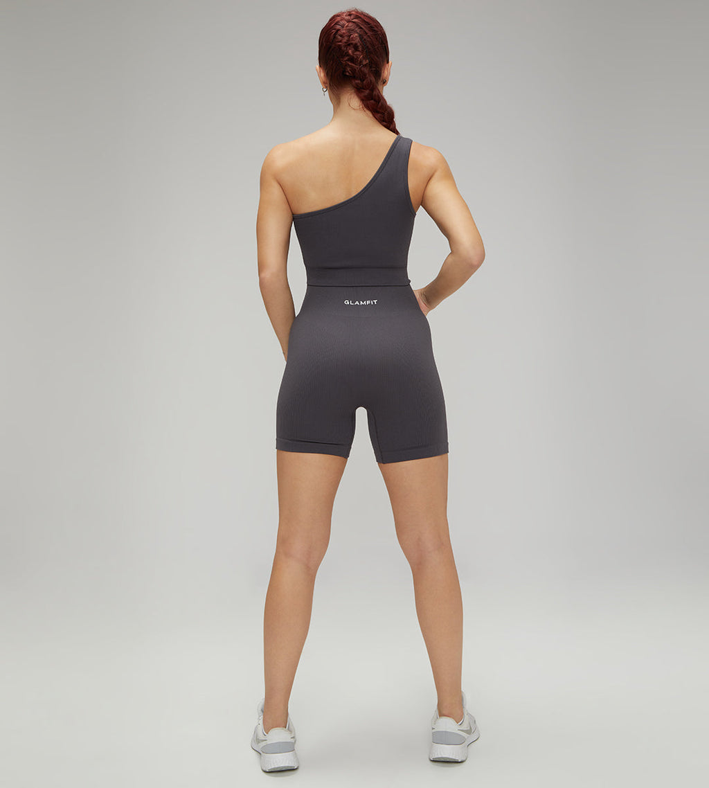 Hot Selling Ribbed Seamless High Waisted Legging, Shorts and Padded Sportswear 4pcs Gym Fashion Set Grey