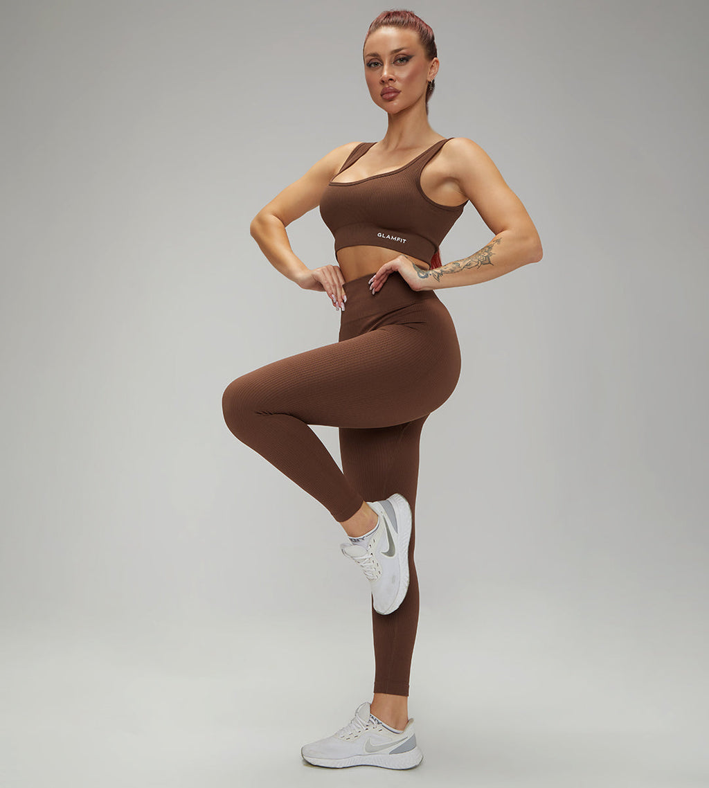 Hot Selling Ribbed Seamless High Waisted Legging, Shorts and  Padded Sportswear 4pcs Gym Fashion Set Brown