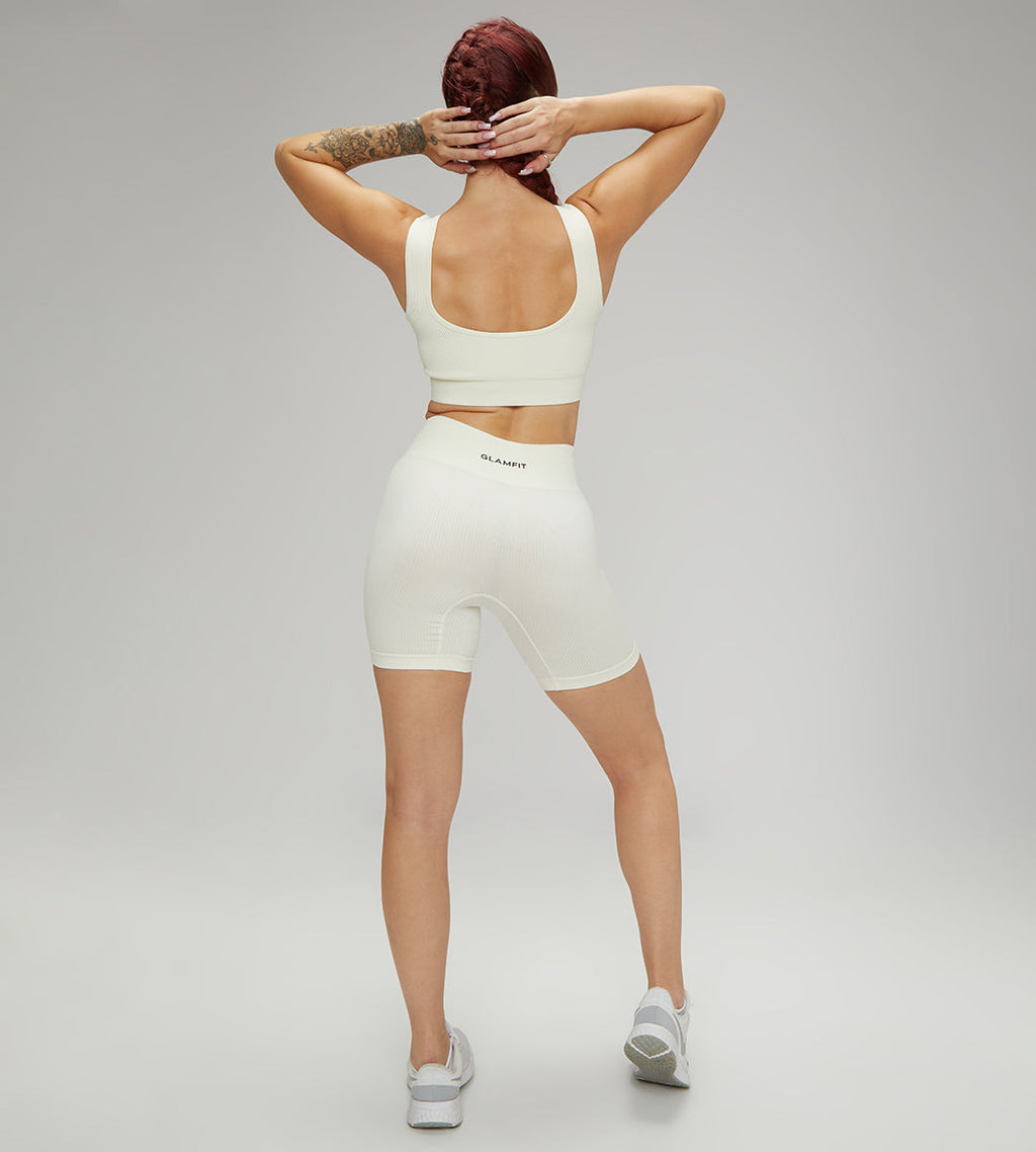 Seamless Padded Sports Bra and Shorts 2pcs Set Cream