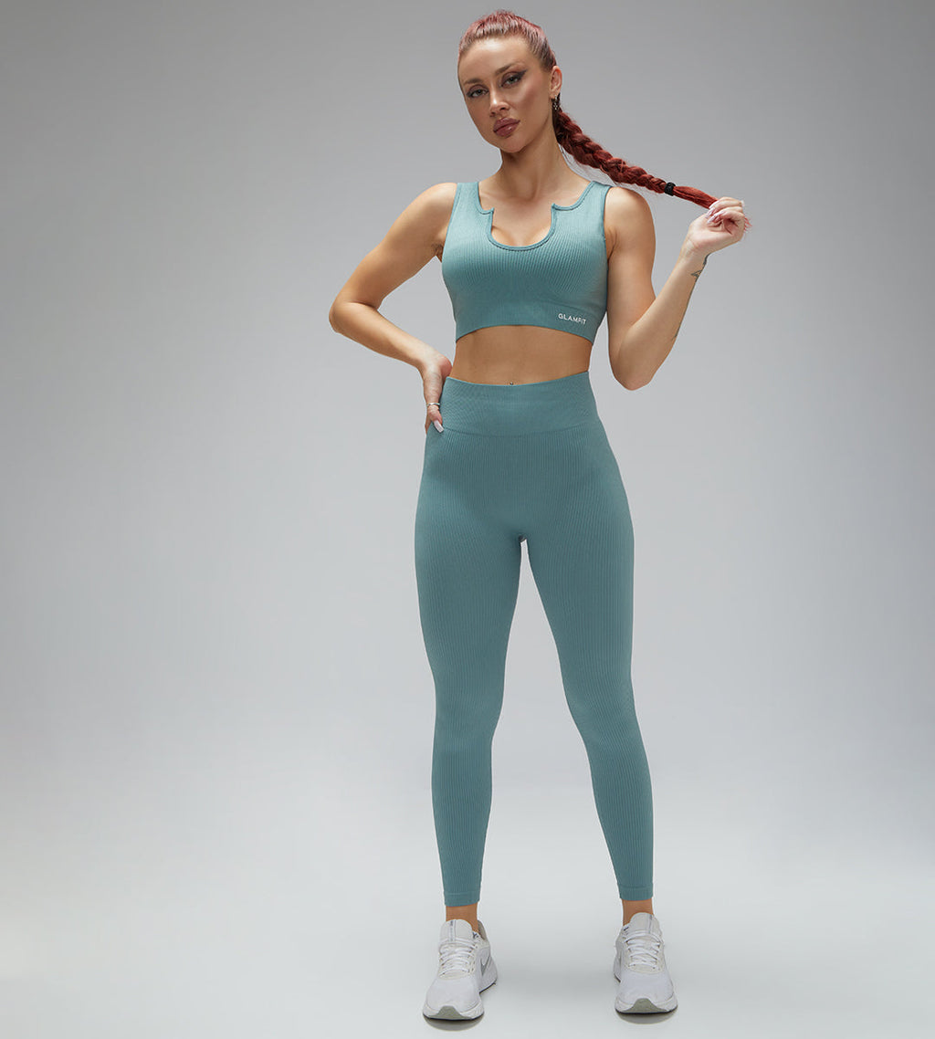 U Collar Seamless Padded Sports Bra, High Leggings and Shorts 3Pcs Set Light Teal