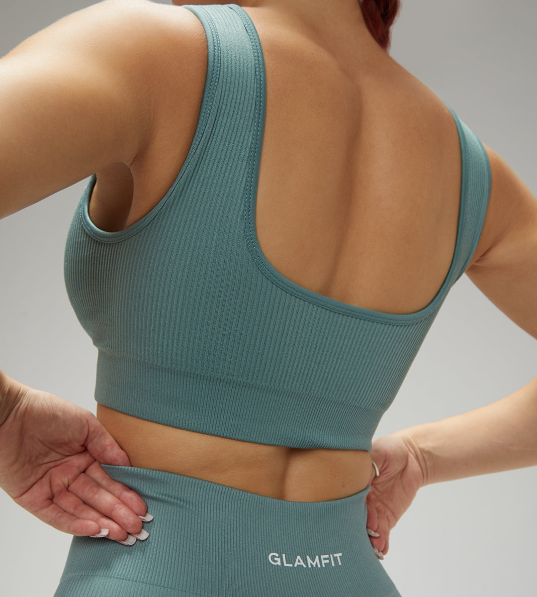 U Collar Seamless Padded Sports Bra, High Leggings and Shorts 3Pcs Set Light Teal