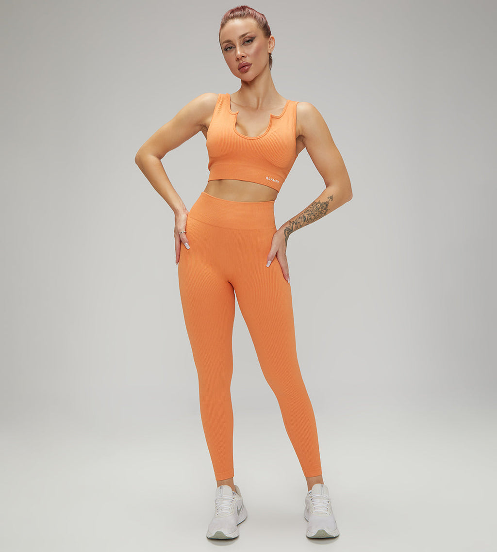 U Collar Seamless Padded Sports Bra, High Leggings and Shorts 3pcs Set Light Orange