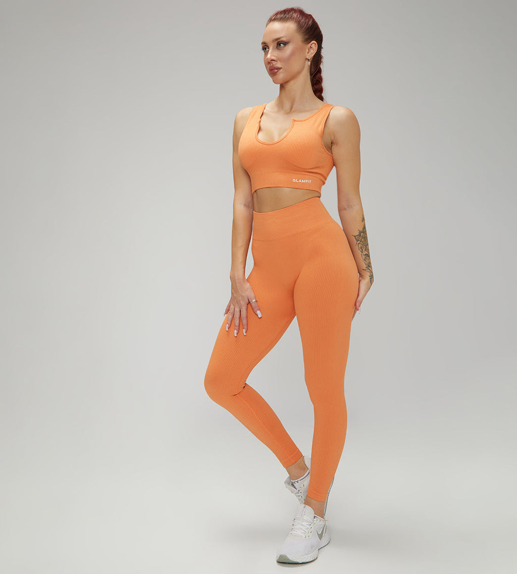 U Collar Seamless Padded Sports Bra, High Leggings and Shorts 3pcs Set Light Orange