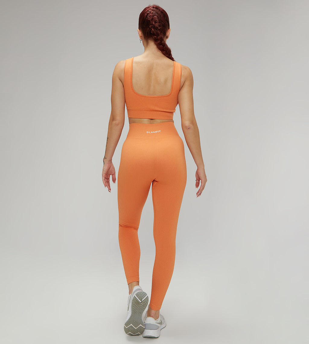 U Collar Seamless Padded Sports Bra, High Leggings and Shorts 3pcs Set Light Orange