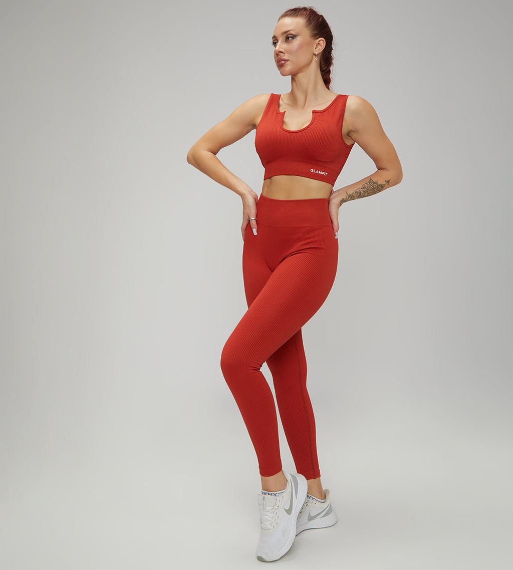 U Collar Seamless Padded Sports Bra, High Leggings and Shorts 3pcs Set Mud Red