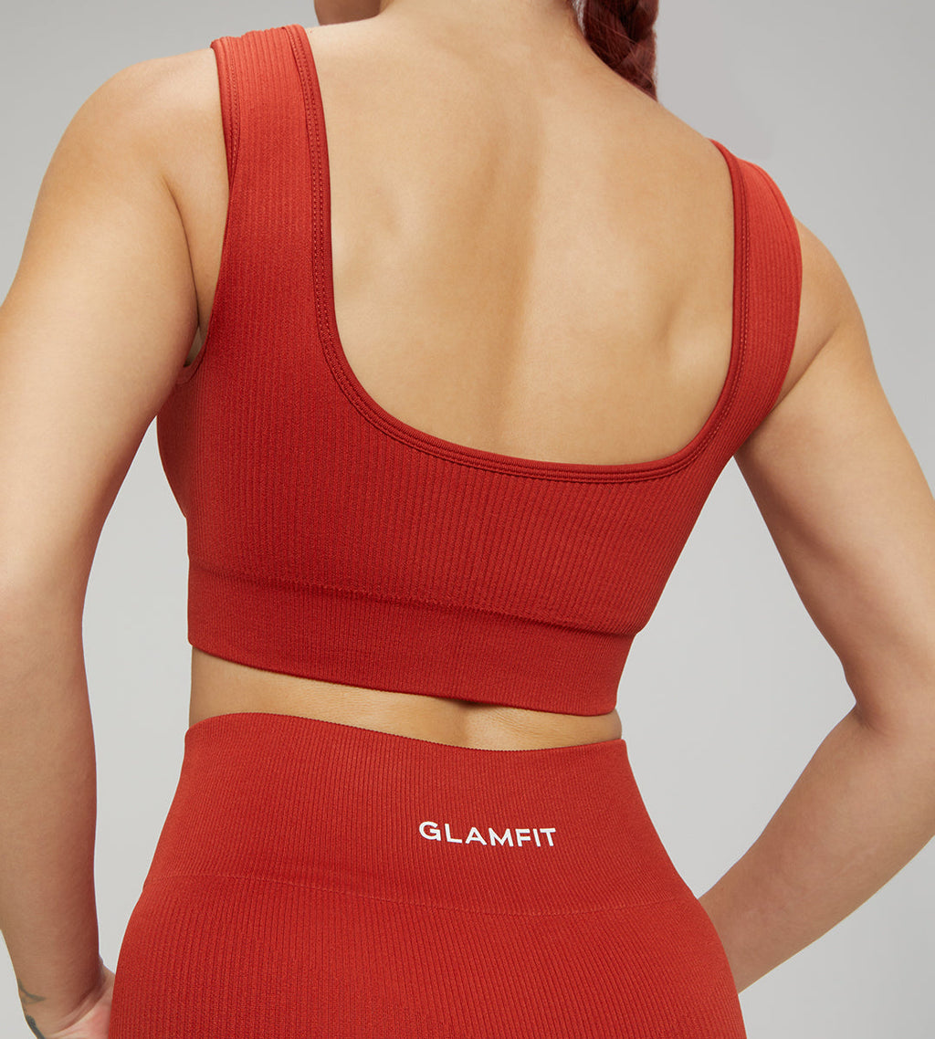 U Collar Seamless Padded Sports Bra, High Leggings and Shorts 3pcs Set Mud Red