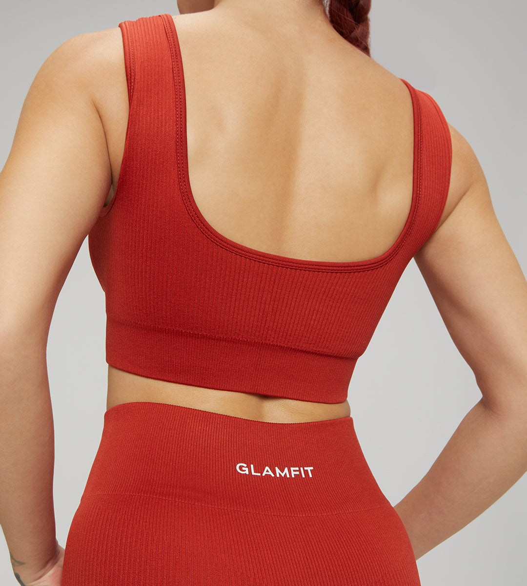 U Collar Seamless Padded Sports Bra, High Leggings and Shorts 3pcs Set Mud Red