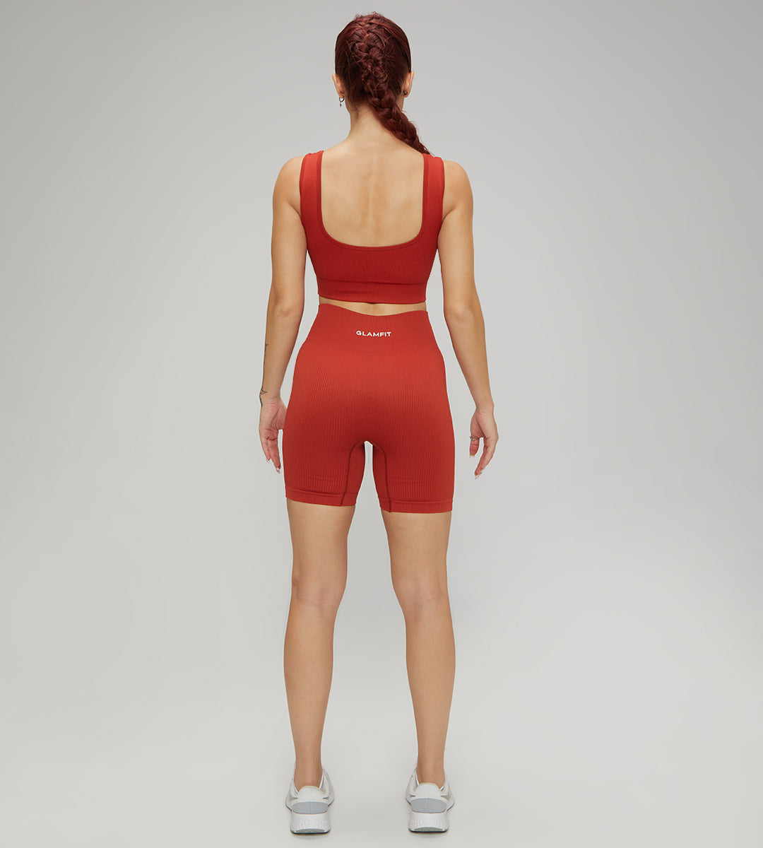 U Collar Seamless Padded Sports Bra, High Leggings and Shorts 3pcs Set Mud Red