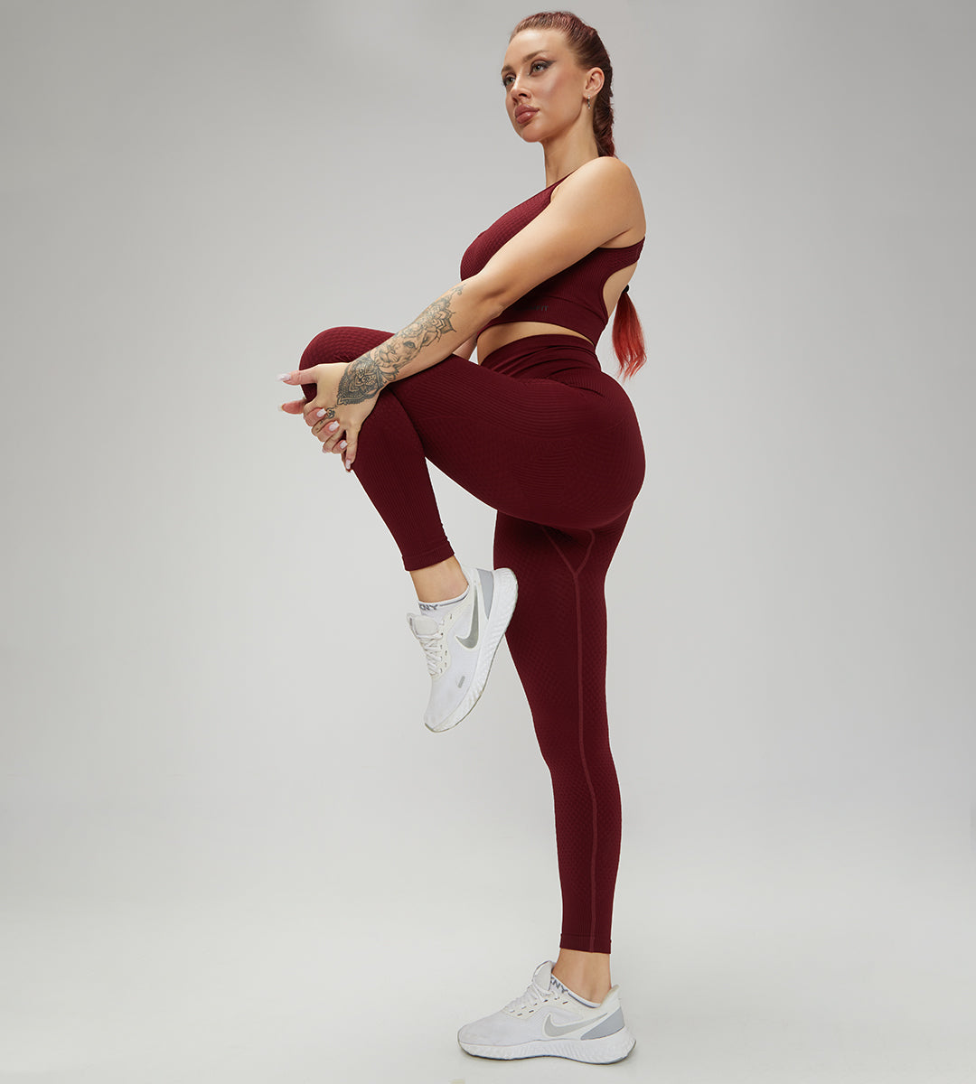 Samless Women 3pcs Yoga Sets Fitness Sport Suit Long Sleeve Zipper with Sport Bra & Leggings Pants Black 3pcs Set Maroon