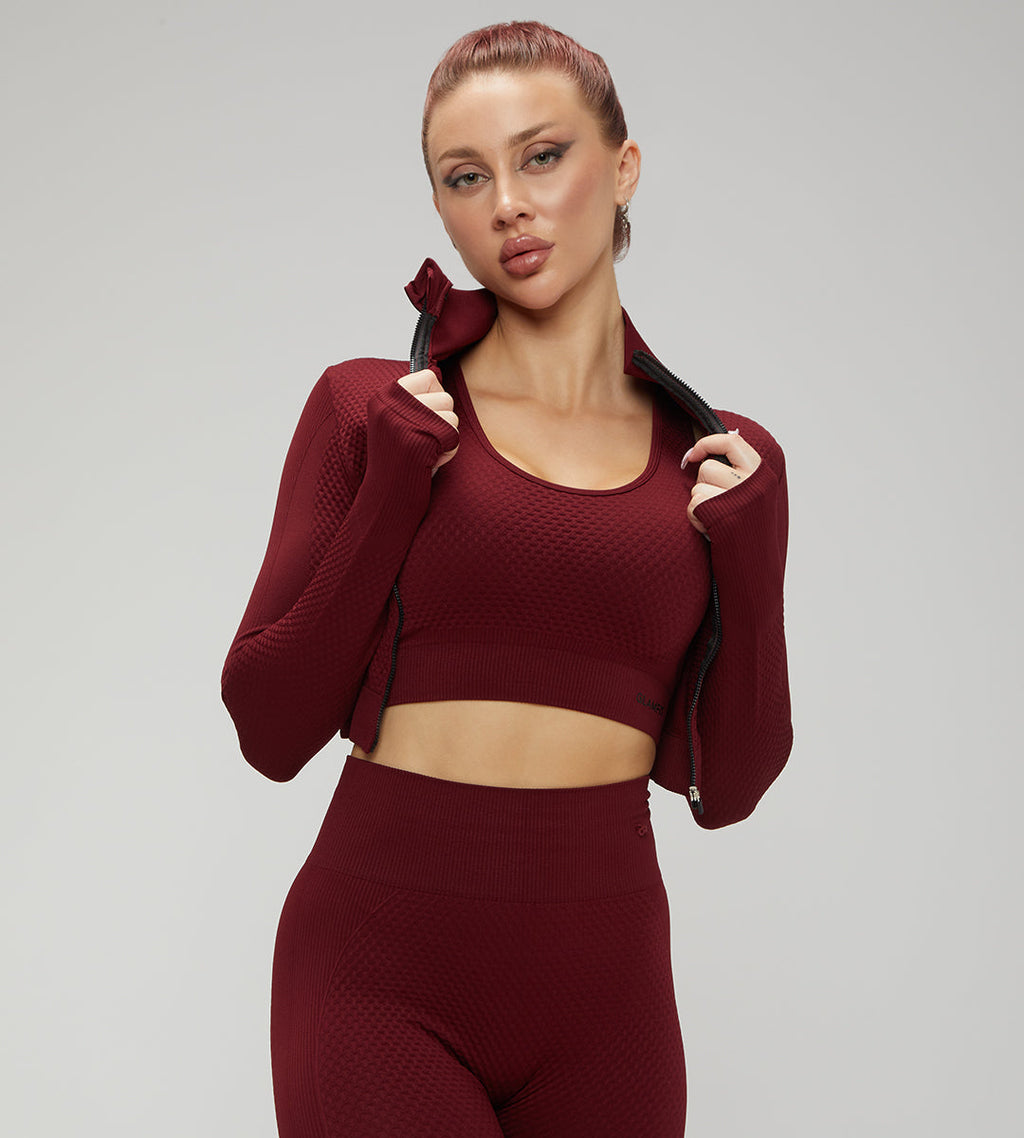 Samless Women 3pcs Yoga Sets Fitness Sport Suit Long Sleeve Zipper with Sport Bra & Leggings Pants Black 3pcs Set Maroon