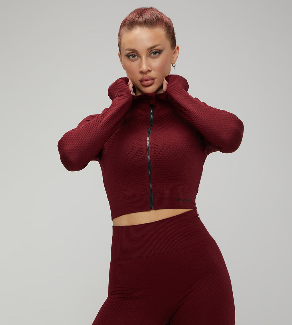 Samless Women 3pcs Yoga Sets Fitness Sport Suit Long Sleeve Zipper with Sport Bra & Leggings Pants Black 3pcs Set Maroon