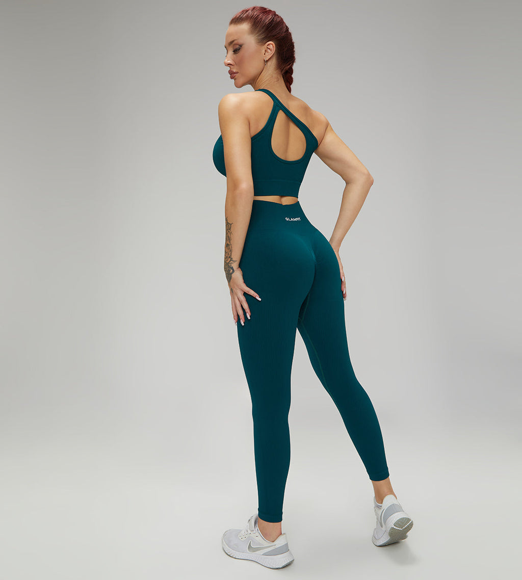One Shoulder Sports Bra 2pcs Set Green