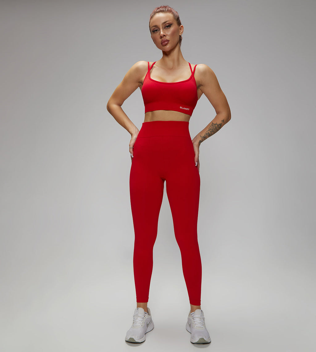 Rib-Knit Ladies High Waist Breathable Sport Pants And ZigZag Back Padded Bra 2pcs Set Red