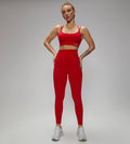 Rib-Knit Ladies High Waist Breathable Sport Pants And ZigZag Back Padded Bra 2pcs Set Red
