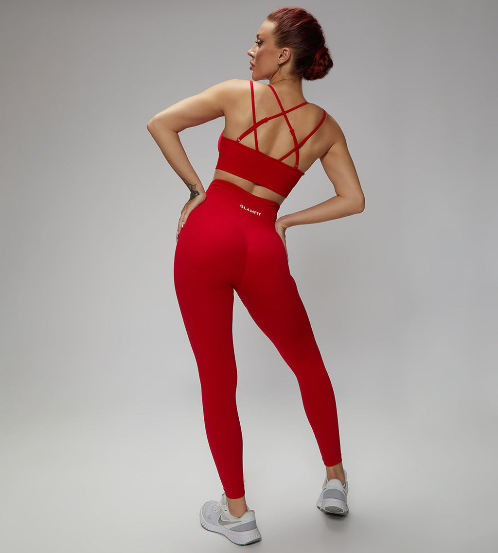 Rib-Knit Ladies High Waist Breathable Sport Pants And ZigZag Back Padded Bra 2pcs Set Red