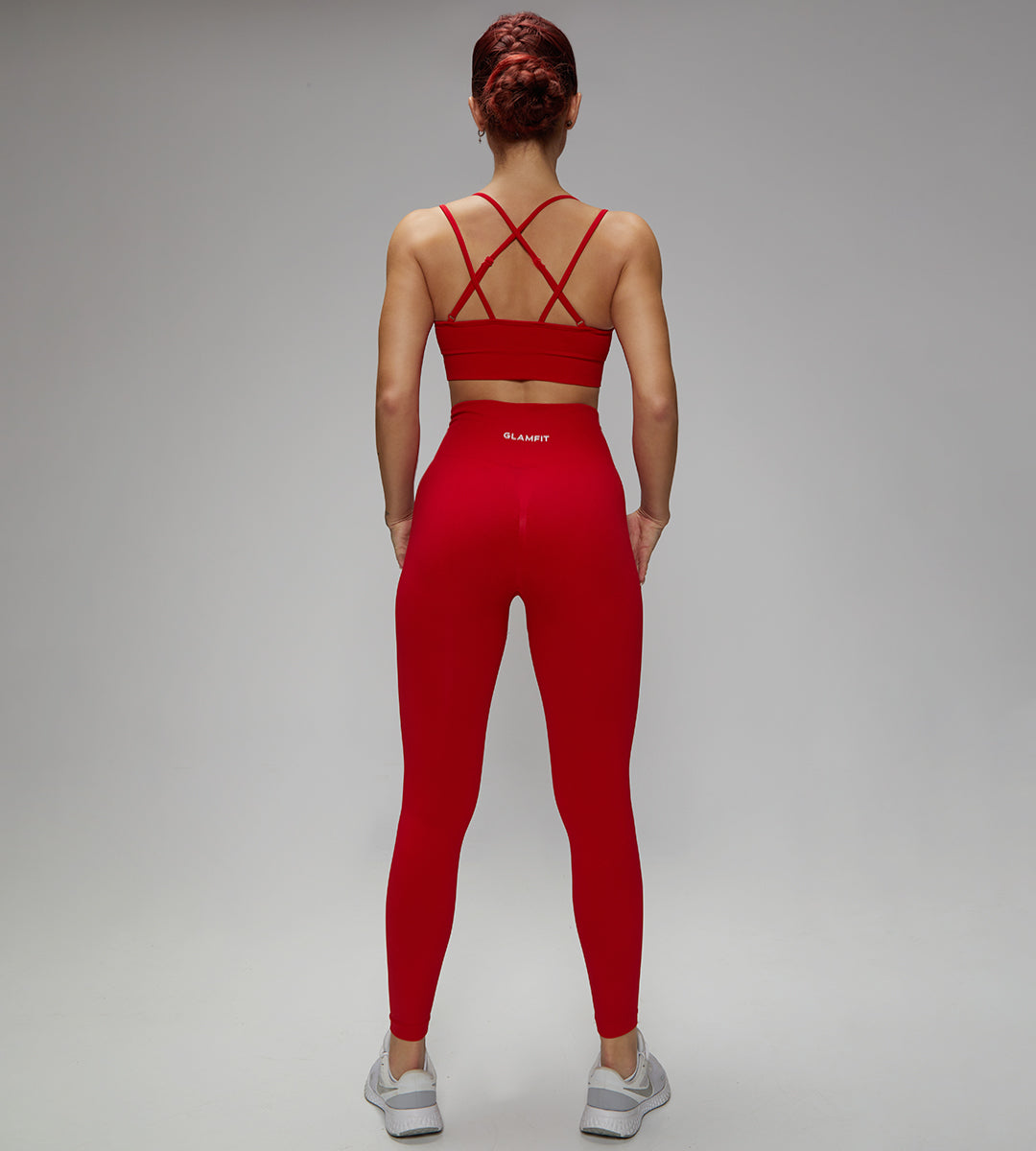 Rib-Knit Ladies High Waist Breathable Sport Pants And ZigZag Back Padded Bra 2pcs Set Red