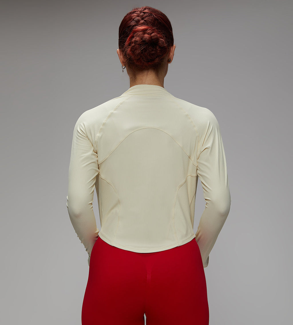 Long Raglan Sleeves Thumb Holes Deep Ribbed Collar Breathable Workout Jacket Off White