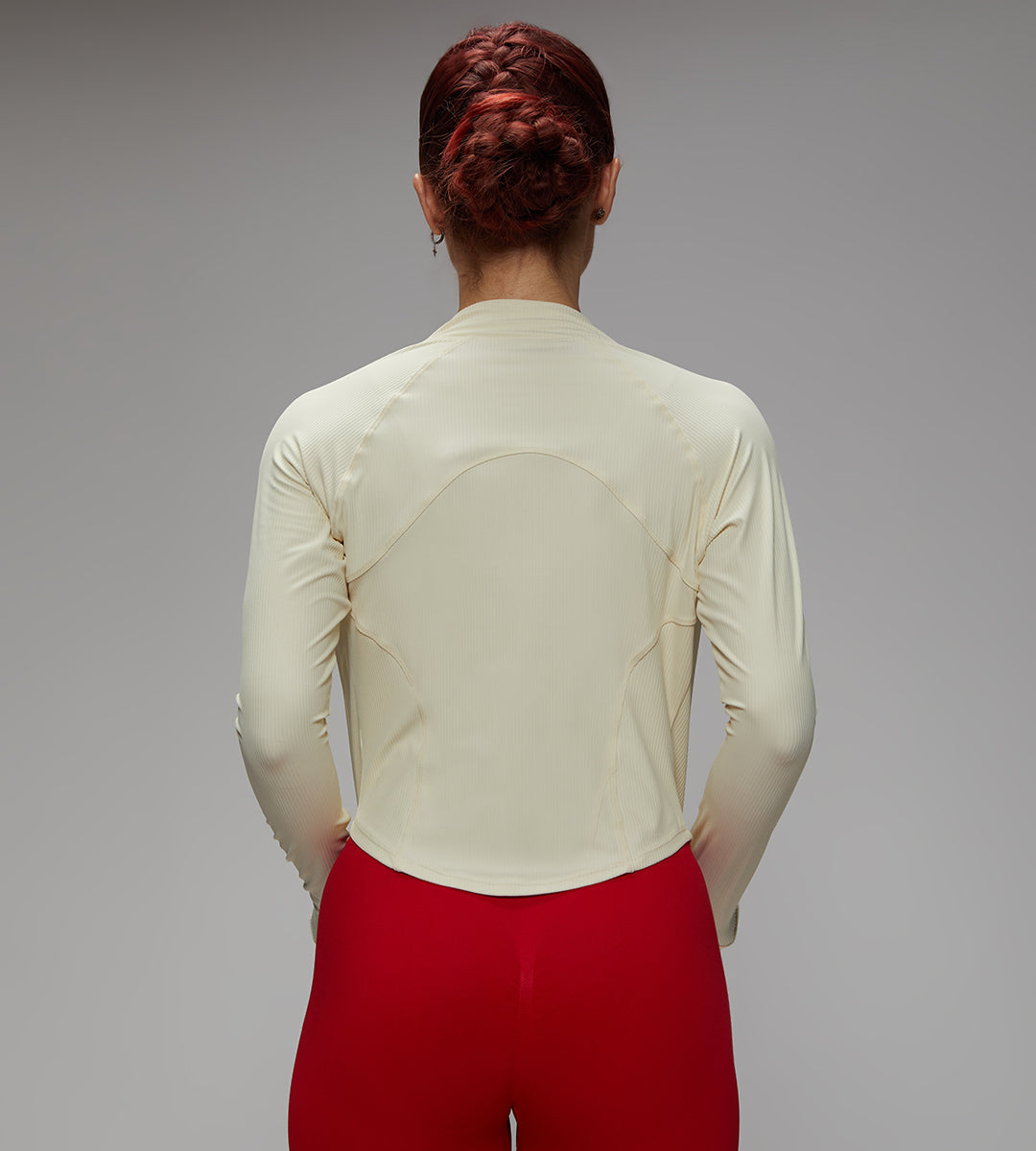 Long Raglan Sleeves Thumb Holes Deep Ribbed Collar Breathable Workout Jacket Off White