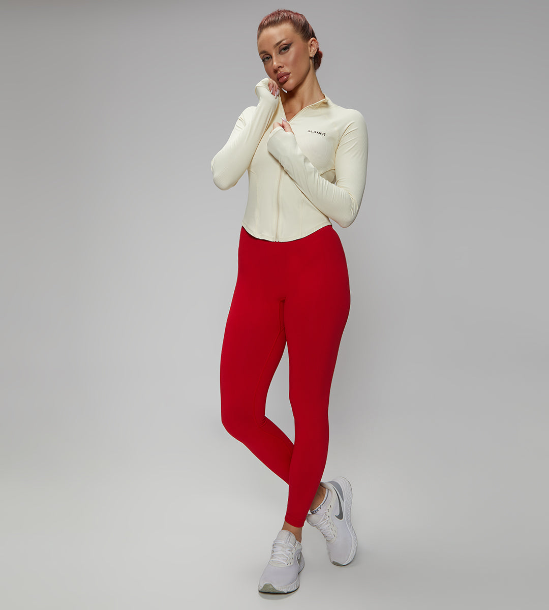 Long Raglan Sleeves Thumb Holes Deep Ribbed Collar Breathable Workout Jacket Off White