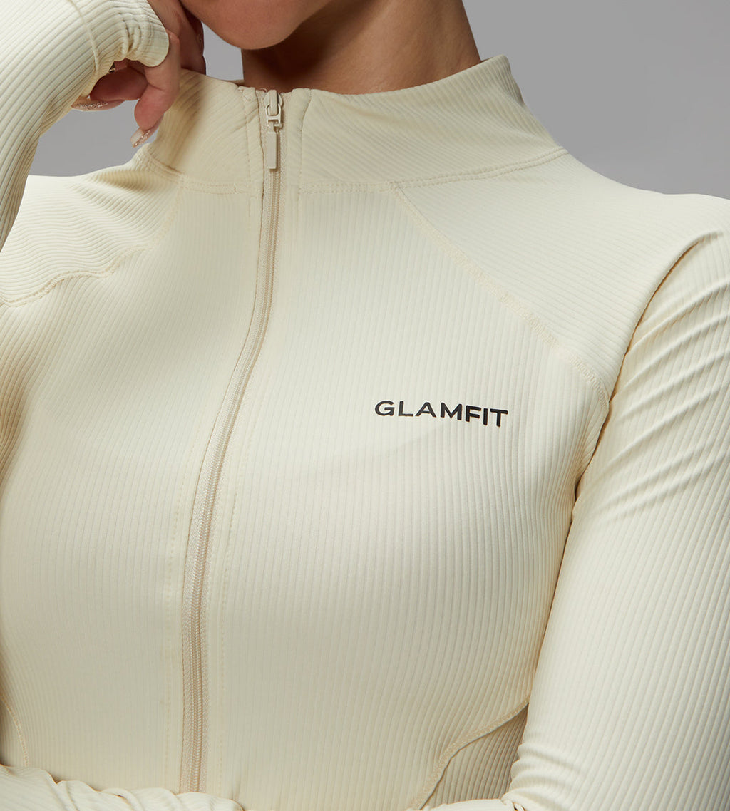 Long Raglan Sleeves Thumb Holes Deep Ribbed Collar Breathable Workout Jacket Off White