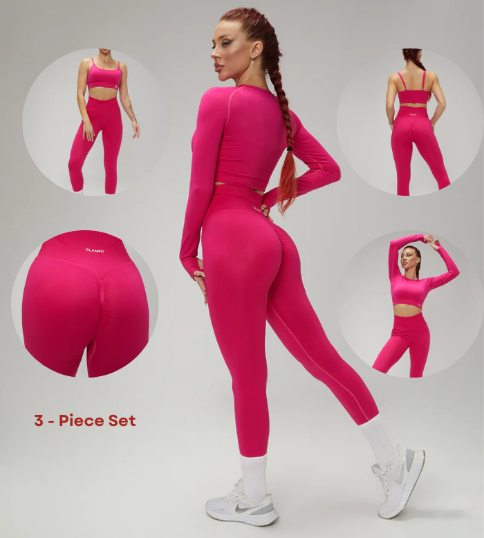 European Quick Dry Long Sleeves Crop Top With Padded sports Bra, High Waist Leggings Workout Sets Pink