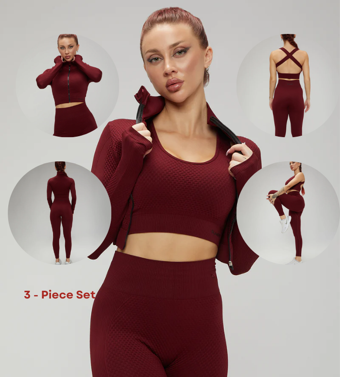 Samless Women 3pcs Yoga Sets Fitness Sport Suit Long Sleeve Zipper with Sport Bra & Leggings Pants Black 3pcs Set Maroon