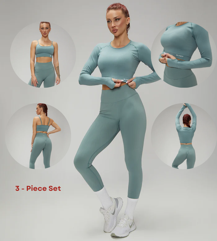European Quick Dry Long Sleeves With Padded sports Bra, High Waist Leggings Workout 3pcs Sets Light Teal