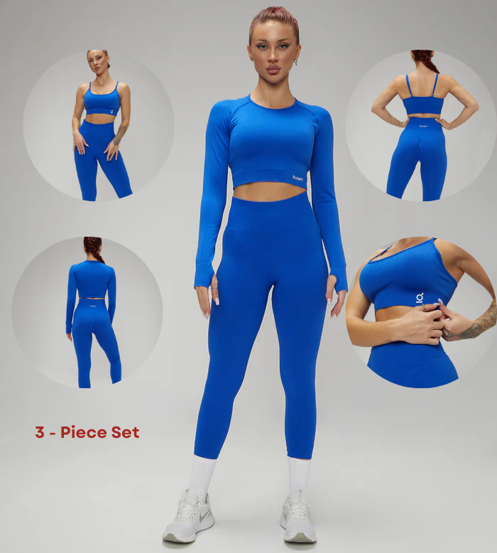 European Quick Dry Long Sleeves Crop Top With Padded Sports Bra, High Waist Leggings Workout 3pcs Set Blue