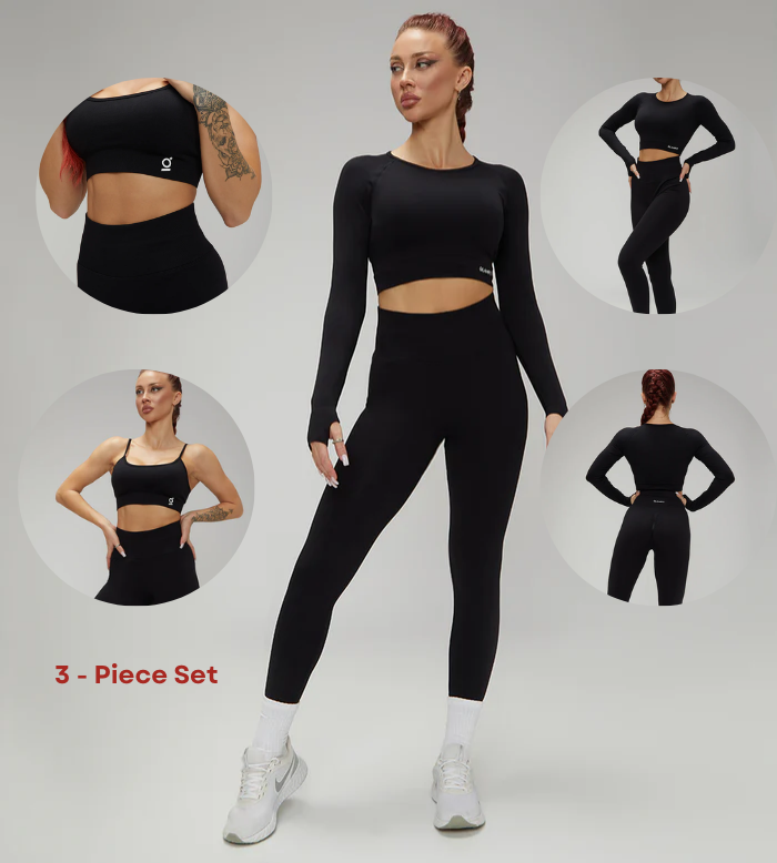 European Quick Dry Long Sleeves Crop Top With Padded Sports Bra, High Waist Leggings Workout Sets Black