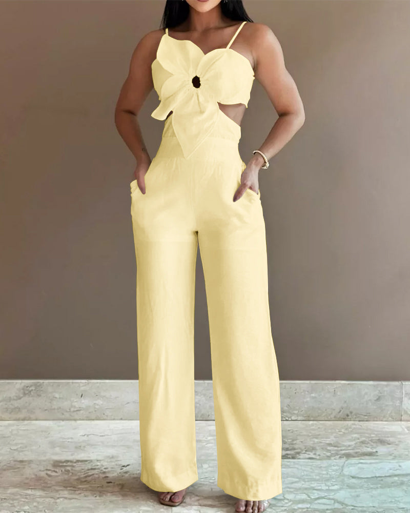 Floral Pattern Hollow Out Pocket Design Jumpsuit