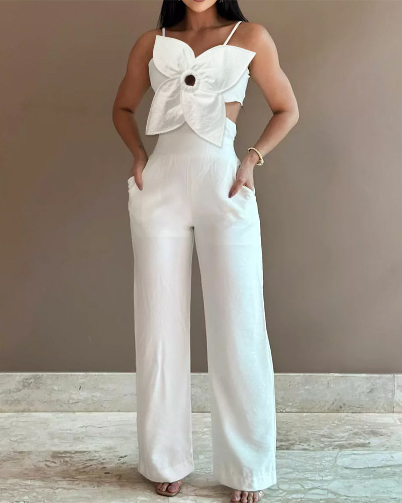 Floral Pattern Hollow Out Pocket Design Jumpsuit