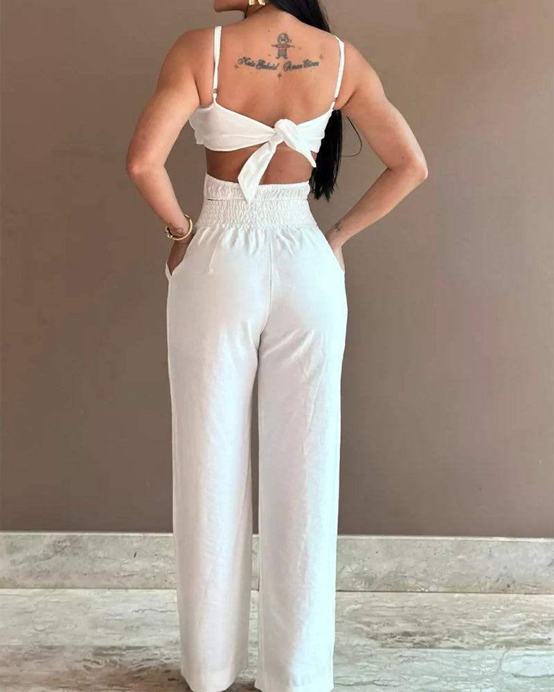 Floral Pattern Hollow Out Pocket Design Jumpsuit