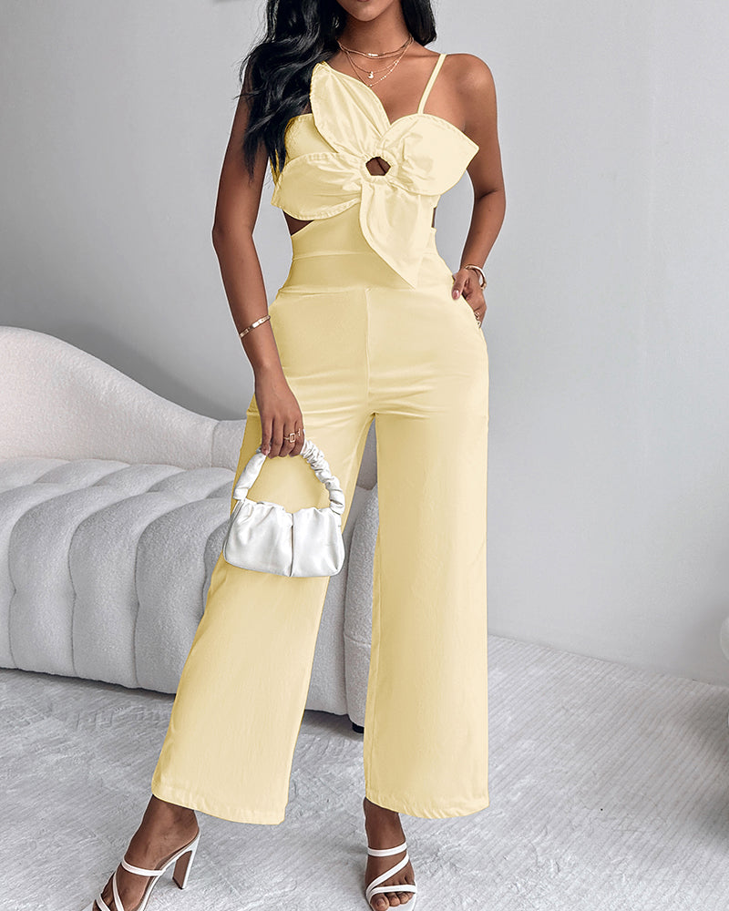 Floral Pattern Hollow Out Pocket Design Jumpsuit