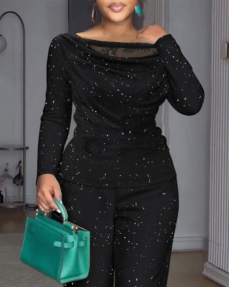 2 Pieces Outfit Cowl Neck Lace Spliced Long Sleeve Top and Elastic Waist Wide Leg Pants Set Casual Glitter Set
