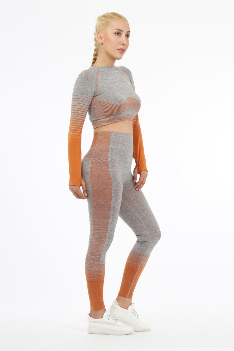 Women Seamless Workout Outfits Sport Long Sleeve And Legging Orange Grey