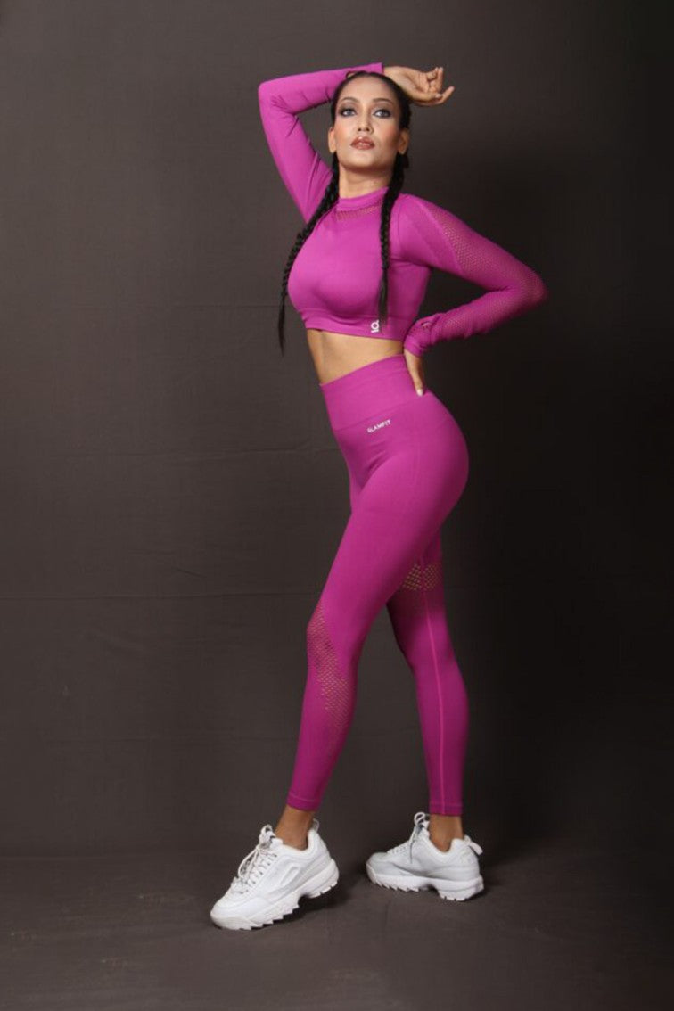 Women Seamless Workout Outfits Sport Long Sleeve And Legging Purple Net