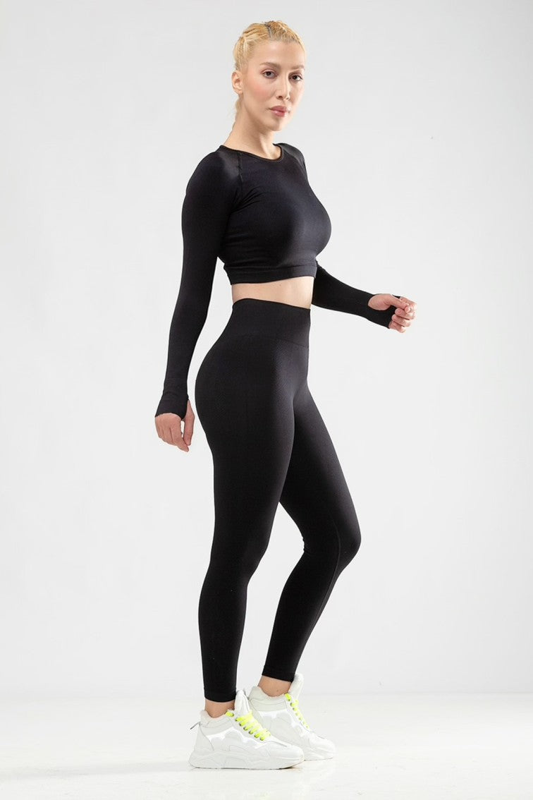 Women Seamless Workout Outfits Sport Long Sleeve And Legging Black Plain