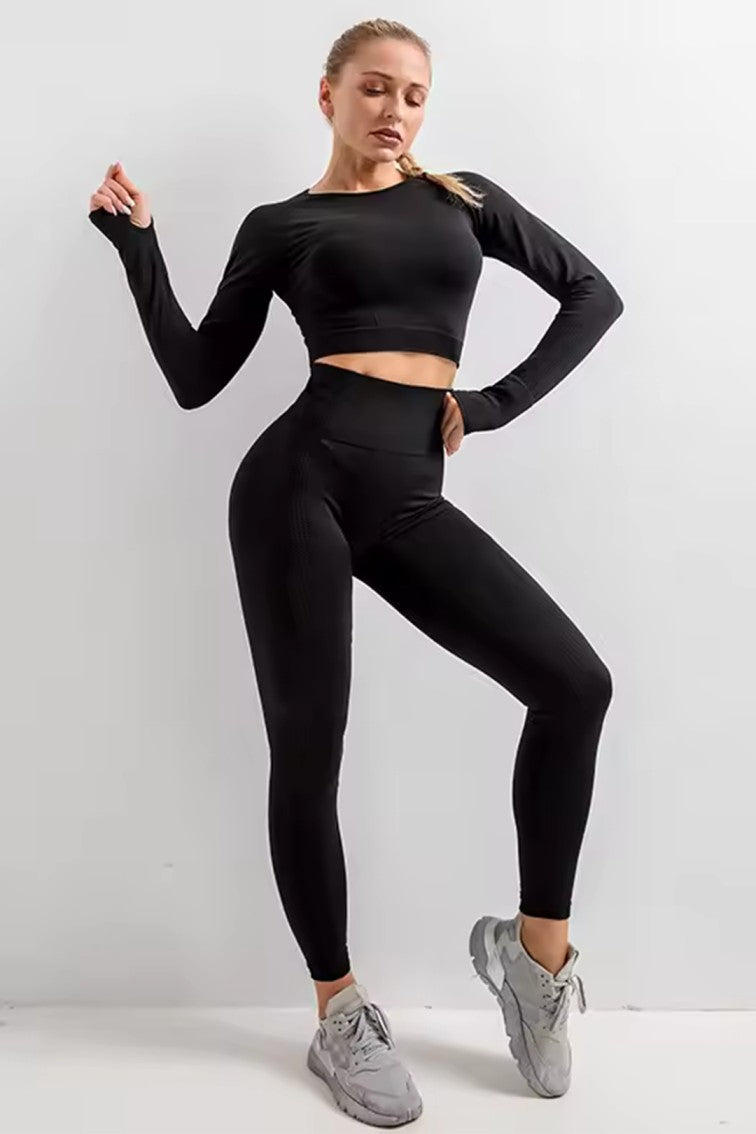 Women Seamless Workout Outfits Sport Long Sleeve And Legging Black Plain