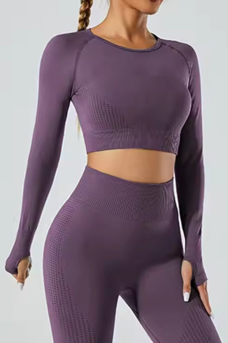 High Waisted 5 Pieces Workout Yoga, Running Wear Long sleeves, Leggings, Shorts, Sport Bra and Short sleeves Crop Top  Dark Purple