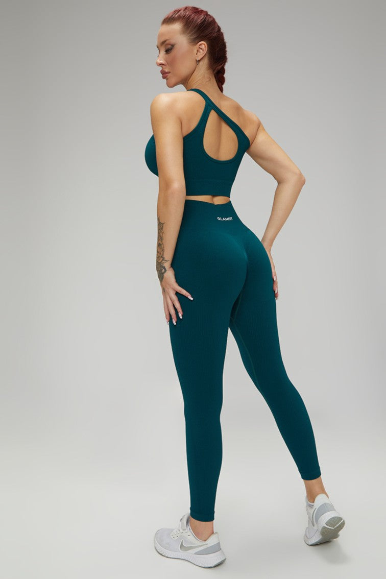 Women Seamless Workout Outfits One Shoulder Sport Bra Padded and High Waist Legging Pink