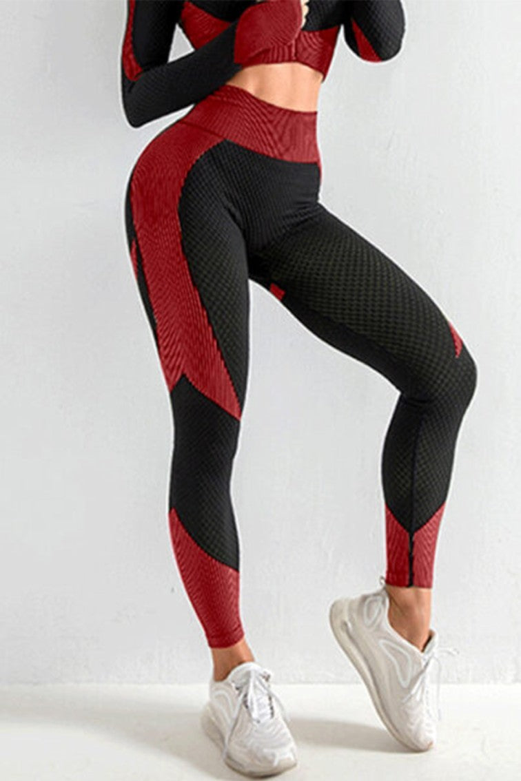 Seamless Women 3pcs Yoga Sets Fitness Sport Suit Long Sleeve Zipper with Sport Bra & Leggings Pants Black & Red