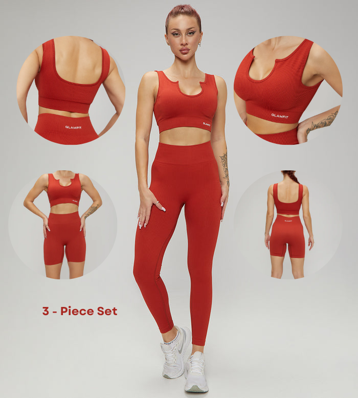 U Collar Seamless Padded Sports Bra, High Leggings and Shorts 3pcs Set Mud Red