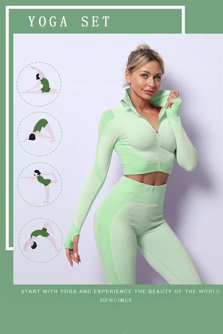 Seamless Women 3pcs Yoga Sets Fitness Sport Suit Long Sleeve Zipper with Sport Bra & Leggings Pants Green