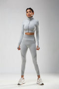 Seamless Women 3pcs Yoga Sets Fitness Sport Suit Long Sleeve Zipper with Sport Bra & Leggings Pants White & Grey