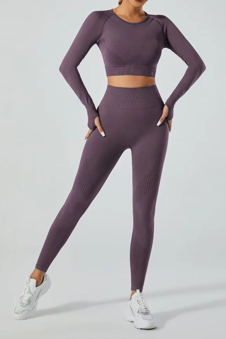 High Waisted 5 Pieces Workout Yoga, Running Wear Long sleeves, Leggings, Shorts, Sport Bra and Short sleeves Crop Top  Dark Purple