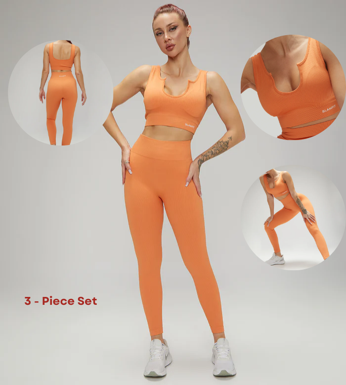 U Collar Seamless Padded Sports Bra, High Leggings and Shorts 3pcs Set Light Orange