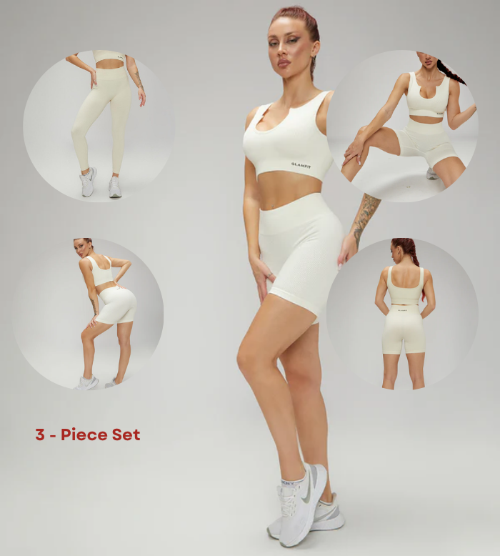 U Collar Seamless Padded Sports Bra, High Leggings and Shorts 3pcs Set Cream